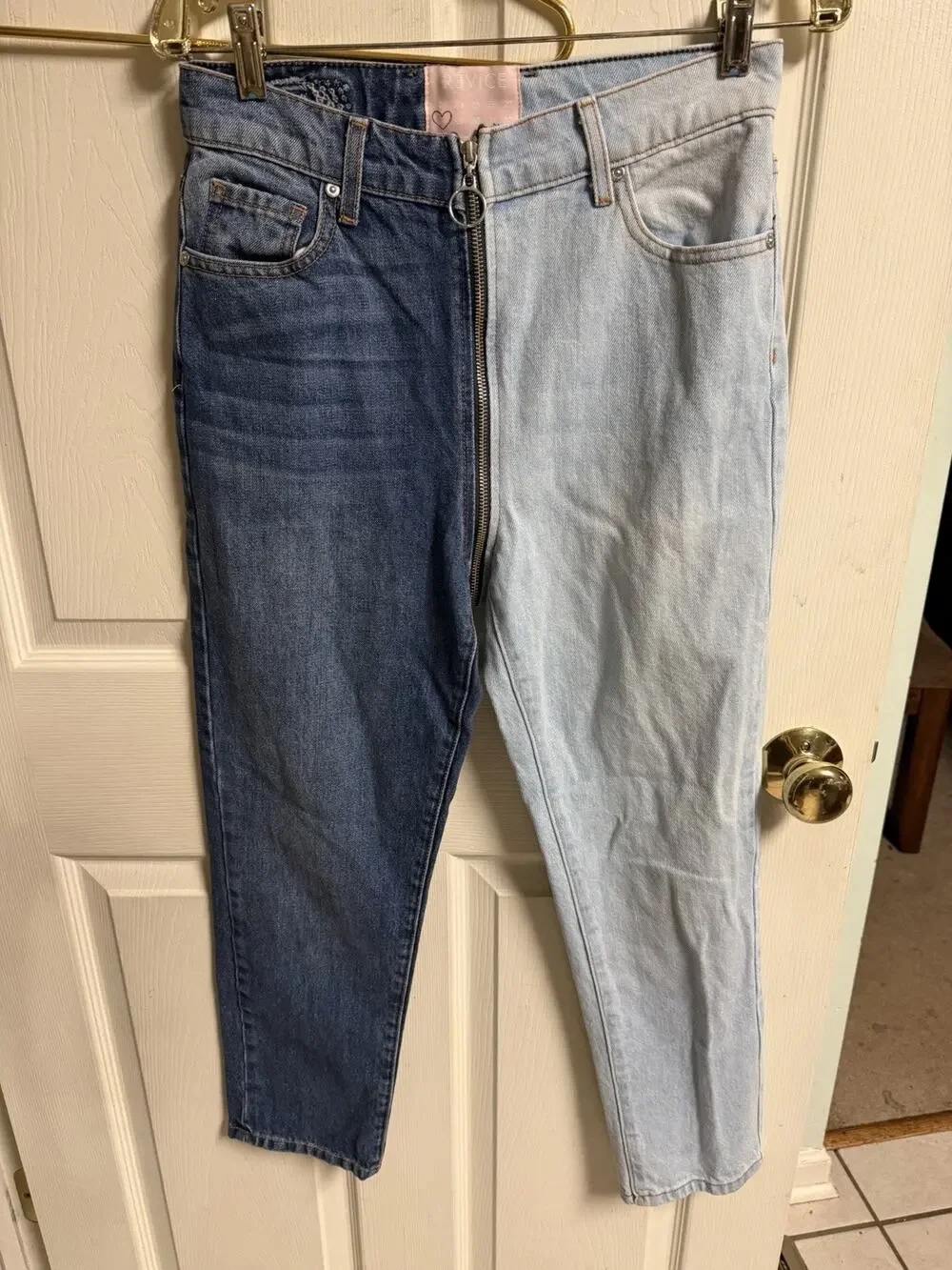 REVICE Denim Yin Yang Two Tone Split Blue Jeans High Rise Straight Leg Size 28